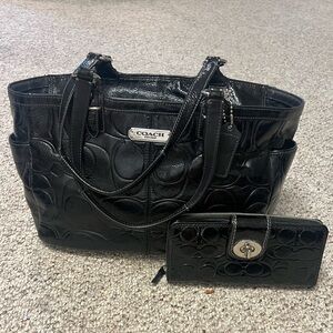 Coach Black Patent Leather Signature Tote Bag + Matching Wallet Set